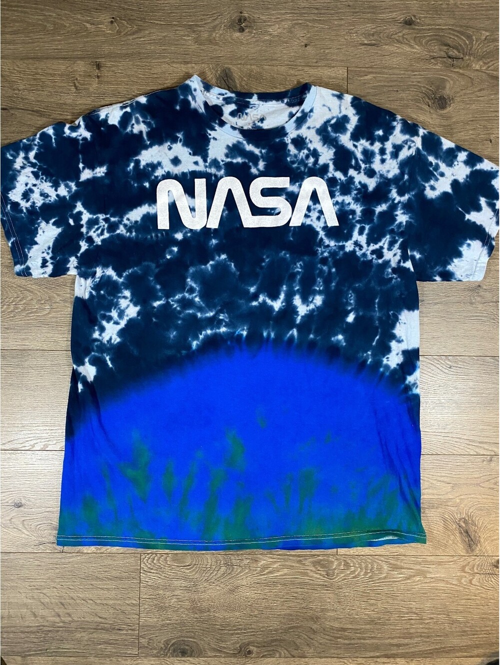 NASA Men’s XL Tie Dye T Shirt Blue White Logo Graphic Cotton Space Tee